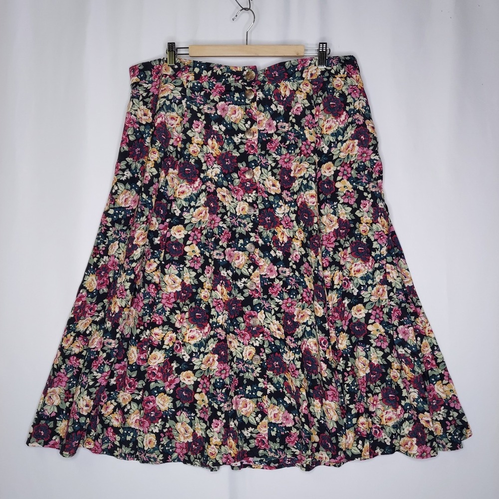 Adrian Jordan Full Button‎ Skirt 26W/28W Dark Floral Elastic Romantic Grunge 90s